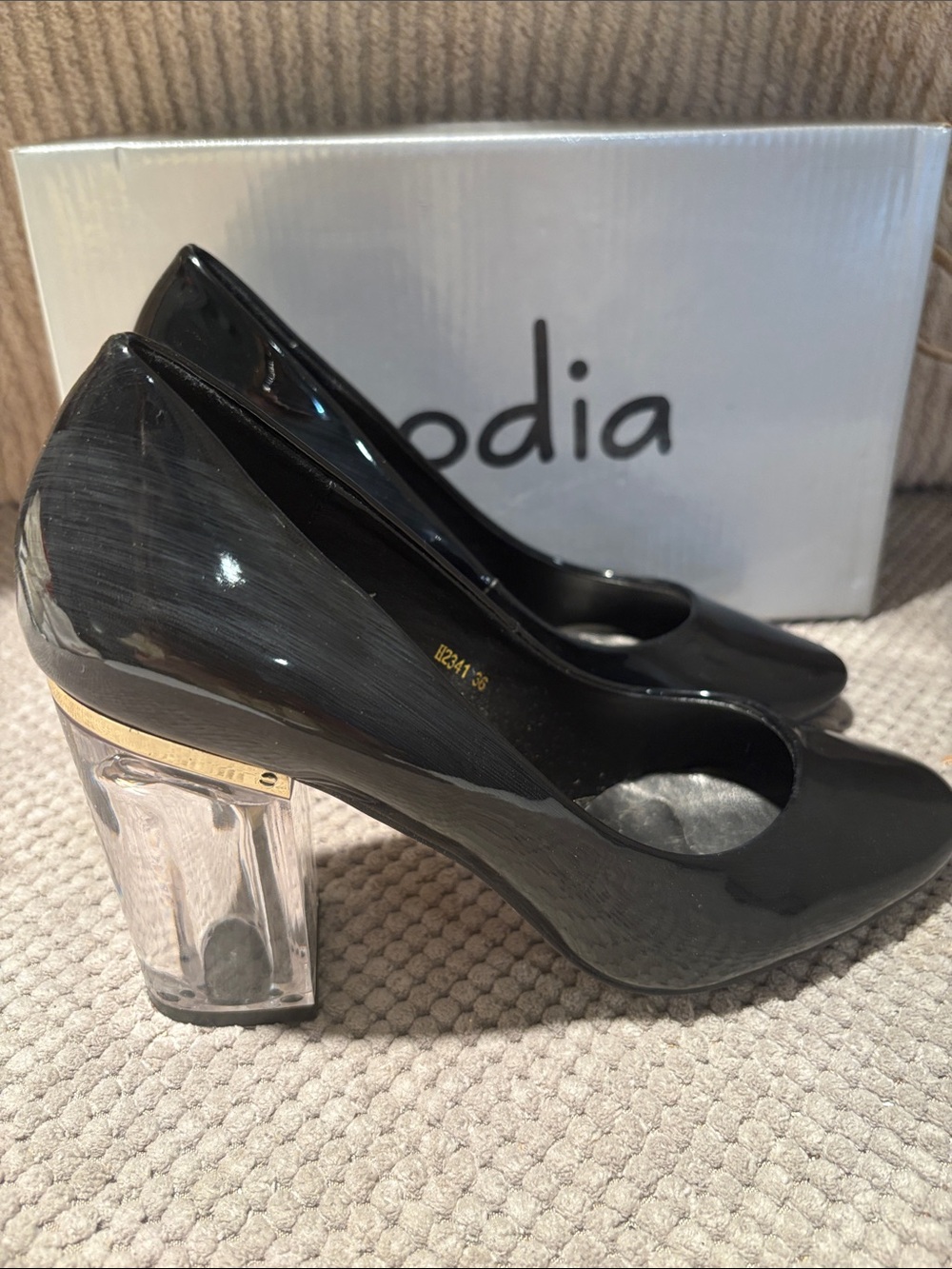 Zodiac Black Patent Pumps with Clear Block Heel